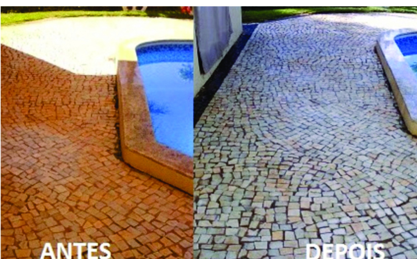 Antes e depois da limpeza de uma calçada de pedras